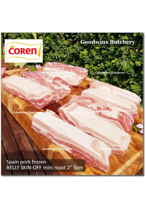 Pork BELLY SKIN OFF samcan frozen Spain COREN DUROC SELECTA (fed w/ chestnuts) steak 5cm 2" mini roast (price/pc 600g)